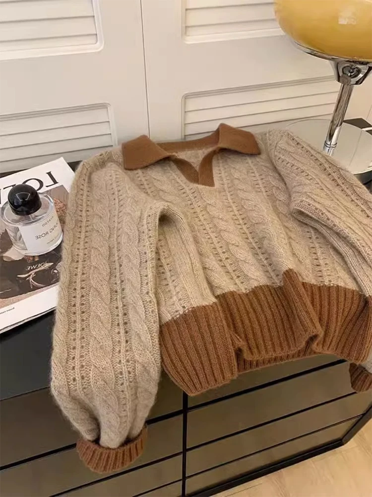 Sweter damski z dzianiny w stylu retro, luźny, swobodny, miękki i przytulny, idealny na wiosnę i jesień, długi rękaw, jednolity kolor.