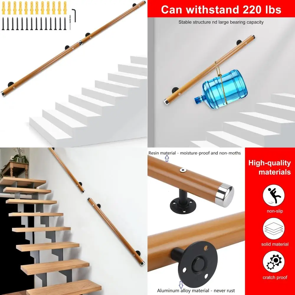 درابزين خشبي بطول 6.61 قدم مع سطح راتينج غير قابل للانزلاق للدرج الداخلي والخارجي - مثبت على الحائط، مريح بدون حاجز #1