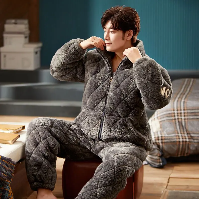 

Pajamas Men's Autumn and Winter Three-layer Padded Cotton Thickened Fleece Warm Coral Fleece Flannel Winter Loungewear Set