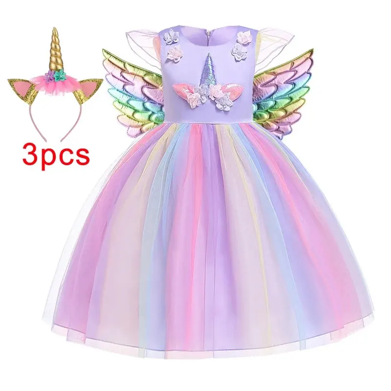 Girl Unicorn Halloween Fancy Princess Dress Teen Girls Rainbow Colorful Cosplay Costume Kids Birthday Party Dresses Tulle Wear