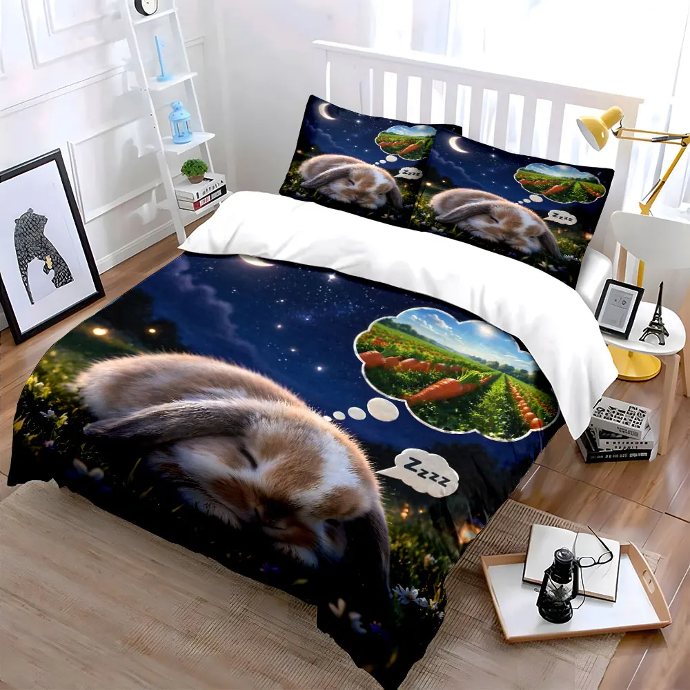 Rabbit dreaming of carrot field Bedding Set for Kids Luxury Gift 3pcs Digital Print Comforter Set Soft Comfortable Breathable