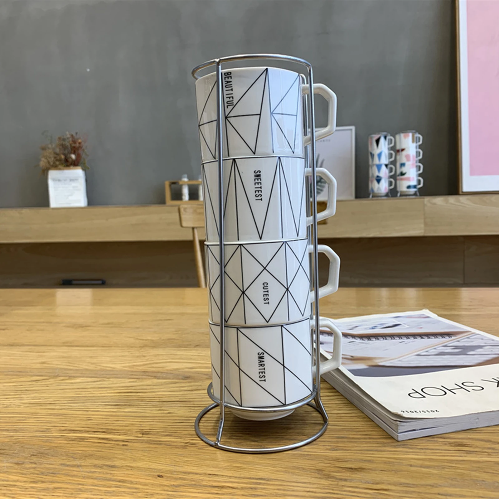 4PCS Coffee Mugs with Metal Stand Three-dimensional Creative Geometric Household Large With Iron Frame tacked Cup Ceramic Mug