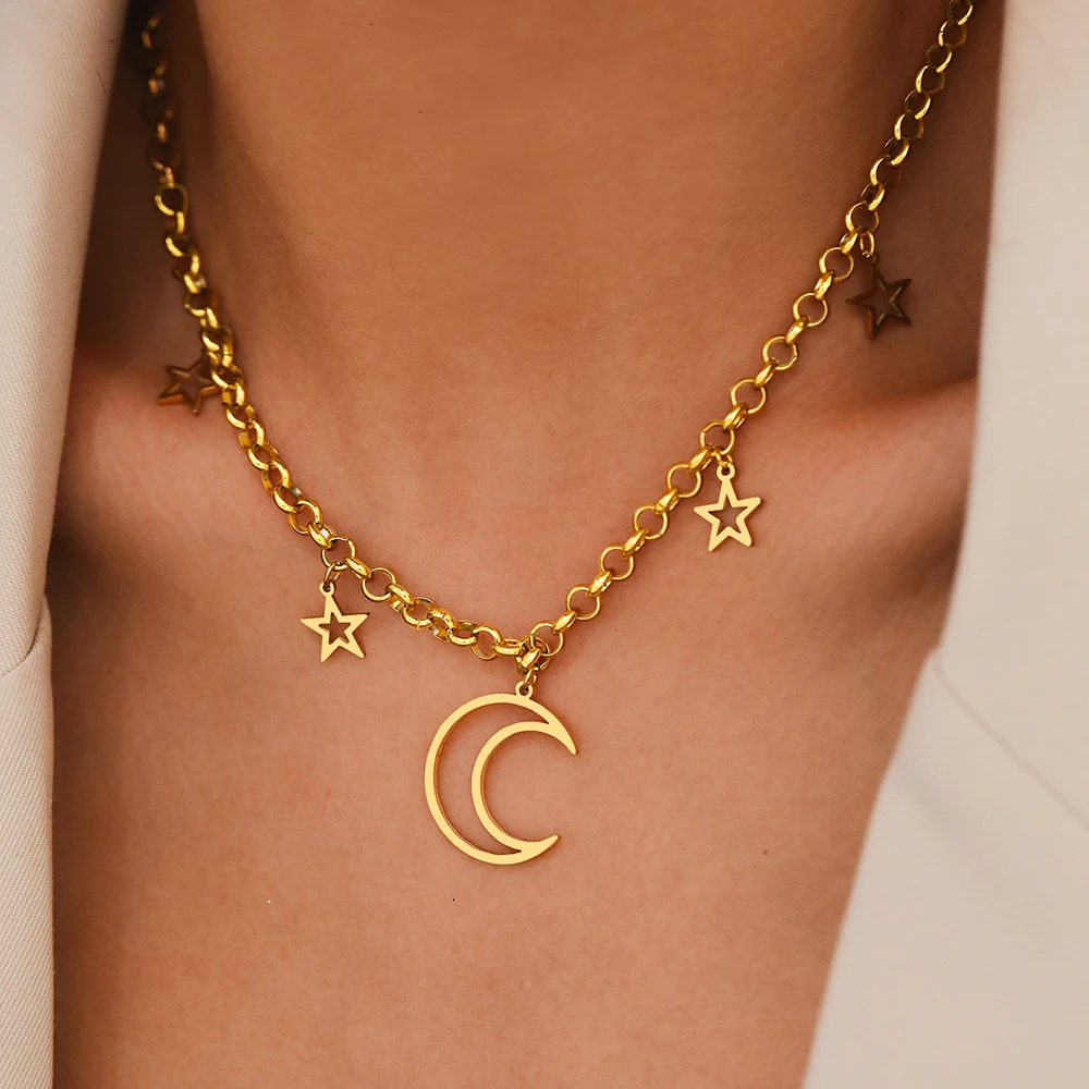 Edelstahl Halsketten glänzende Sterne und Mond durchbrochene Design hängende Anhänger Halsketten für