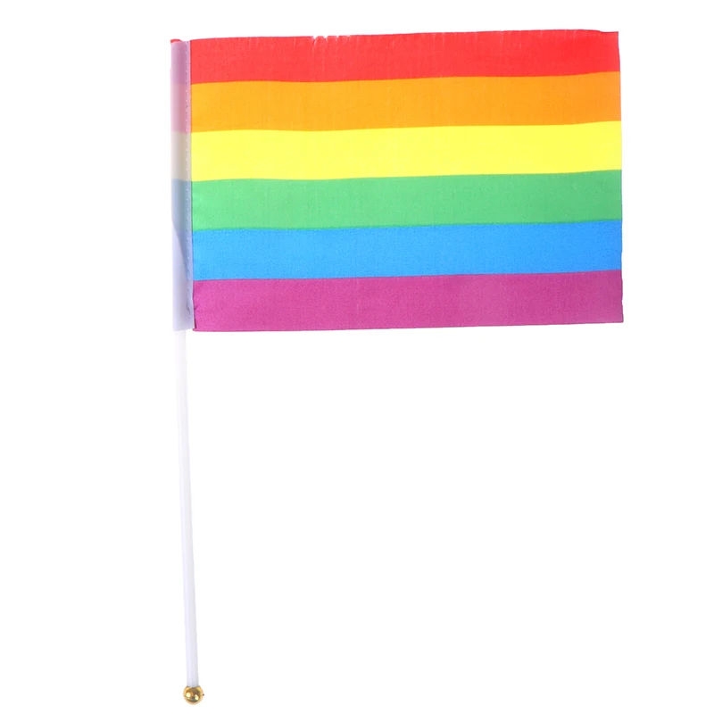 Bandera de arco iris de mano para decoración de jardín, minibanderas de escritorio de 20x14cm, 5 piezas, para fiesta de orgullo, con palo pequeño blanco