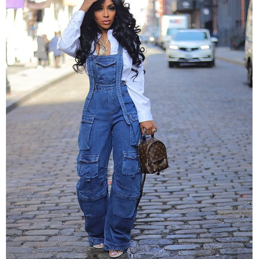 

Женские летние свободные джинсовые комбинезоны для похудения в уличном стиле, с множеством карманов, повседневные, прямого кроя, из смесового хлопка