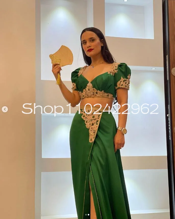 Hunter Green Two Pieces Tunisienne Prom oOccasion Dresses Gold Lace Applique Beaded Cap Sleeve Arabic Caftan Evening Gown