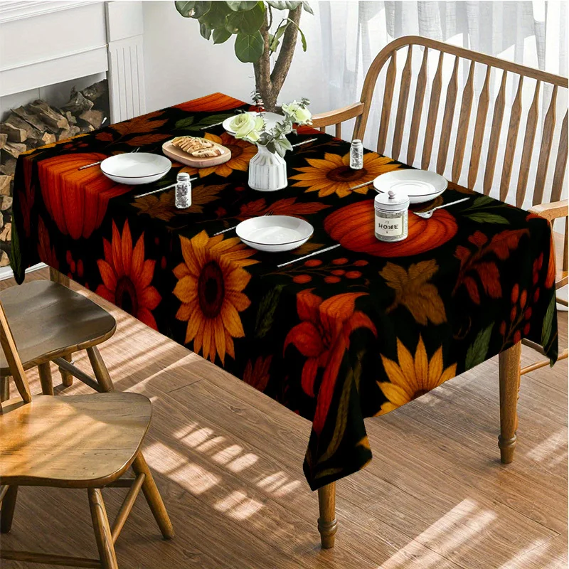 2D Flat Party Tablecover, 1pc, Fashionable And Beautiful Pumpkin Sunflower Autumn Leaves Pattern Tablecloth, Suitable for Dining Table, Coffee Table, Desk, Restaurant, Picnic, Camping, Party, Family Gathering, Home Textile