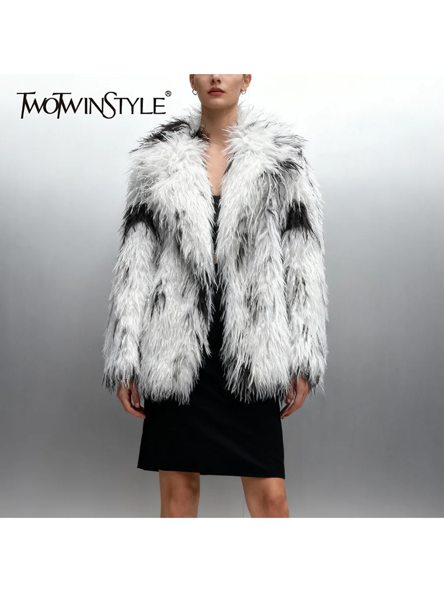 

TWOTWINSTYLE Hit Color Spot Loose Temperament Fur Coats for Women Lapel Long Sleeves Elegant Fur Coat Female Fashion Clothes New