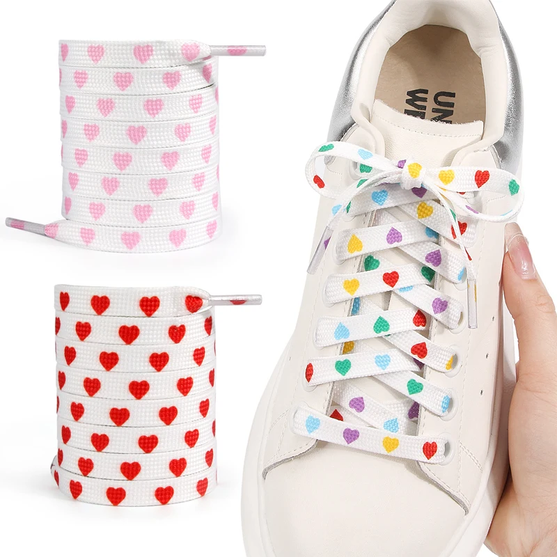 Black White Printed Heart Shoelace 0.8cm Wide Quality Flat Shoelaces Sneakers Canvas Shoes Fashion Shoelaces 1Pair