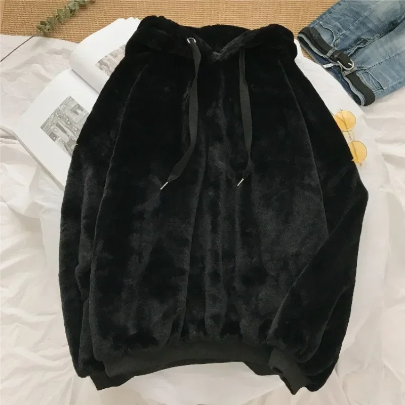 Autumn Winter Warm Double-sided Plush Hoodies Women Korean Solid Loose Long-sleeved Pullover Coat Y2k Casual Sweatshirts