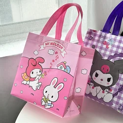 Kawaii Sanrio benim melodi Kuromi baskılı dokuma kumaş çanta sevimli karikatür Cinnamonroll büyük kapasiteli taşıma çantası öğe saklama torbaları