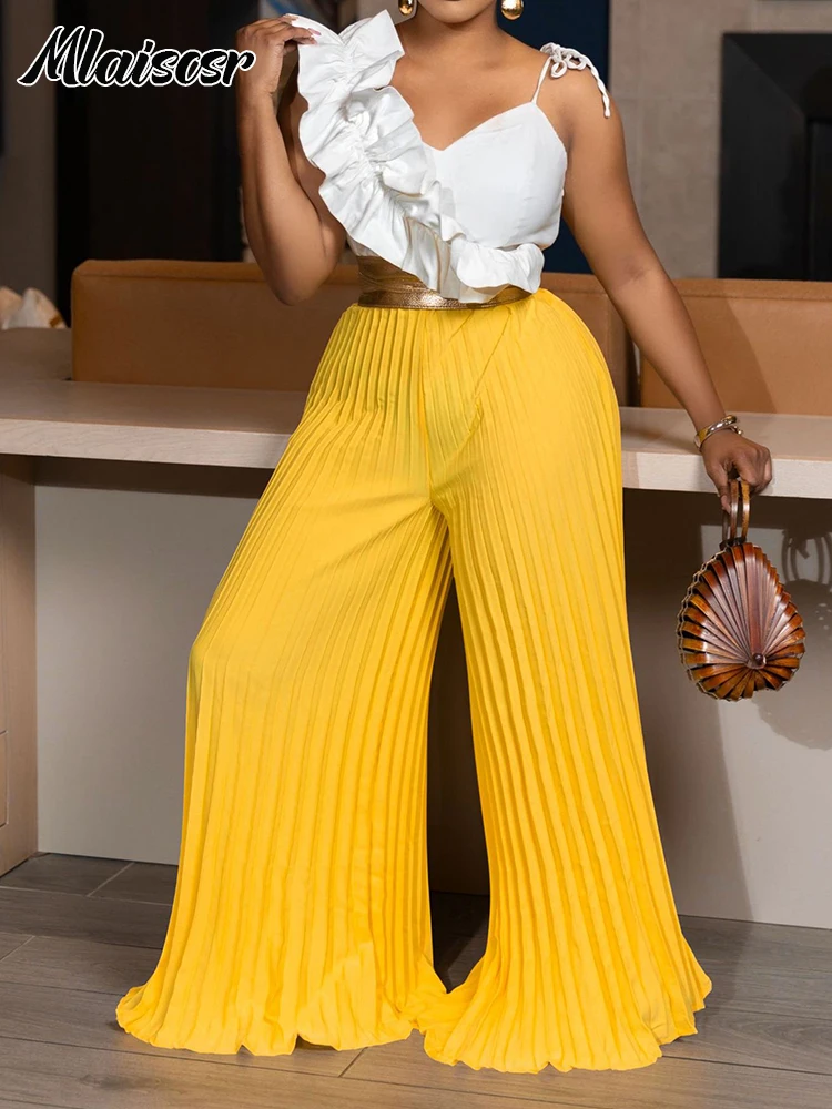 

Элегантный комплект Mlaiscsr для отпуска: женский топ с рюшами и асимметричными рукавами и плиссированные брюки с широкими штанинами, 2 предмета, африканский стиль