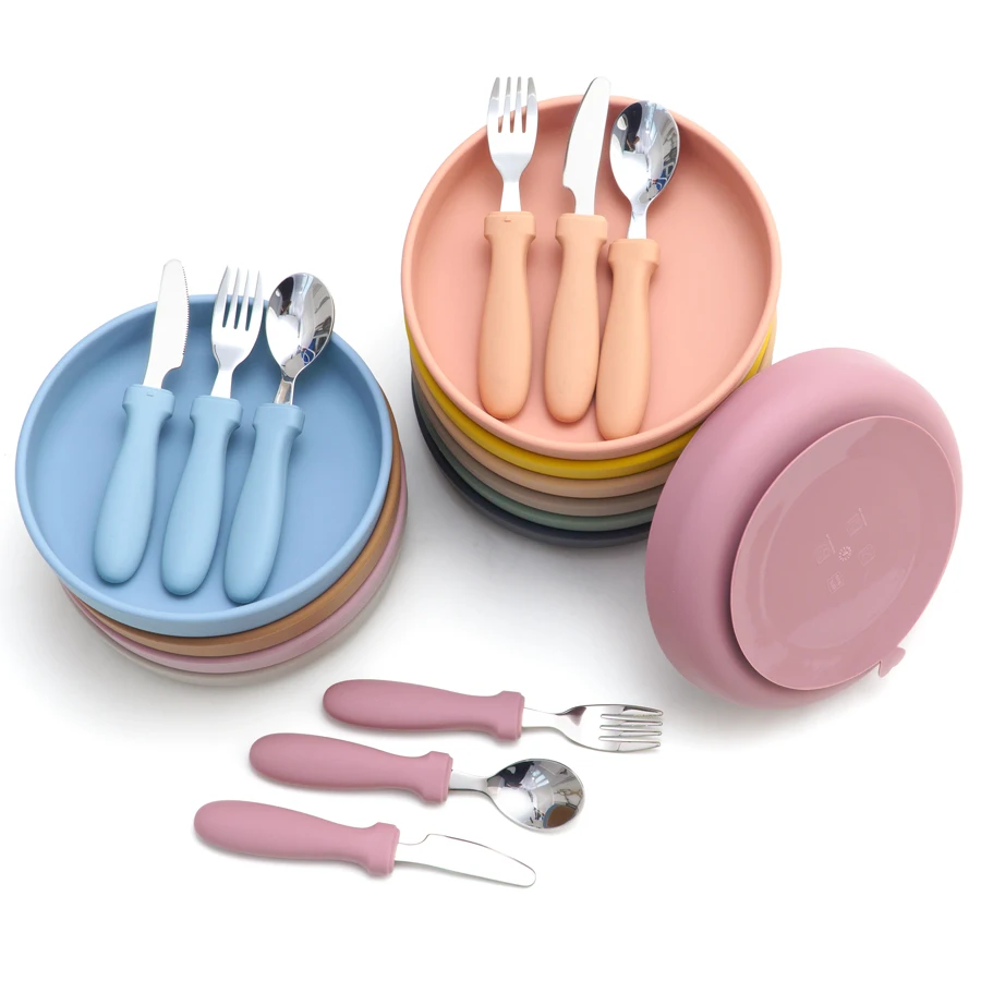 BPA Free Silicone Children's Tableware Bbay Feeding Dishes Plate With Sucker Bowl Infant Training Knife Fork Spoon Baby Stuff