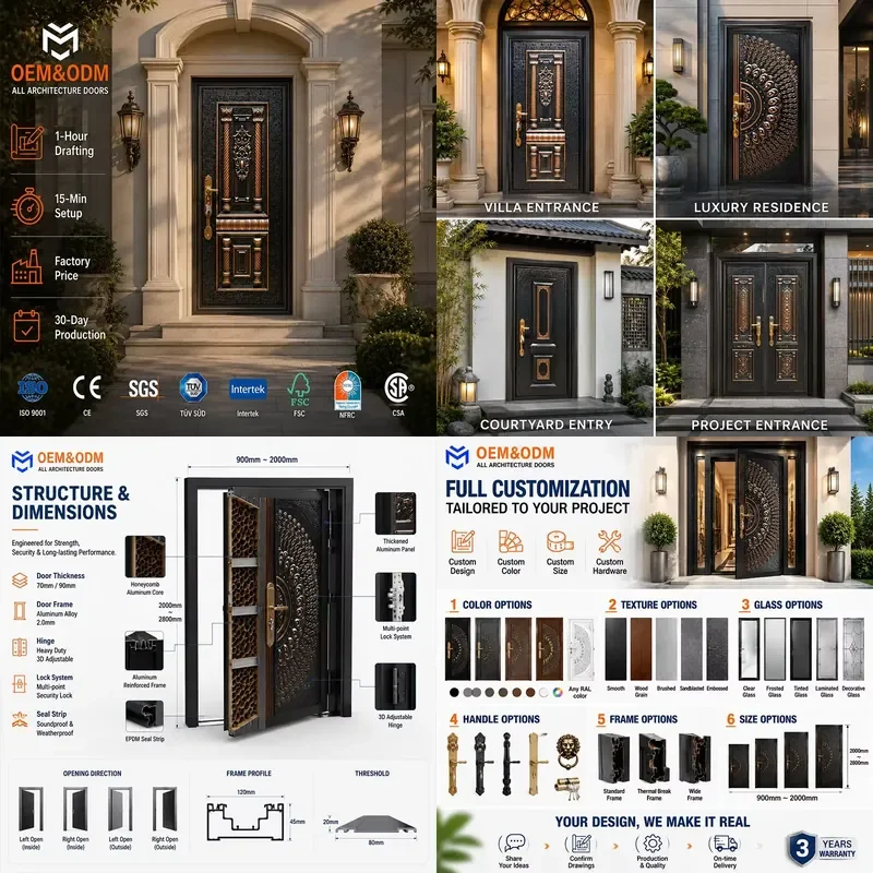 Dedun Custom Latest Design Factory Fancy Modern Wrought Iron Exterior Metal Steel Anti-theft Pivot Entrance Door