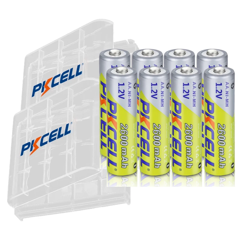 8PC PKCELL AA 2600Mah Battery NIMH aa Bateria 1.2V 2A Ni-Mh aa Rechargeable Batteries AA Baterias + 2pcs Battery Hold Case Boxes