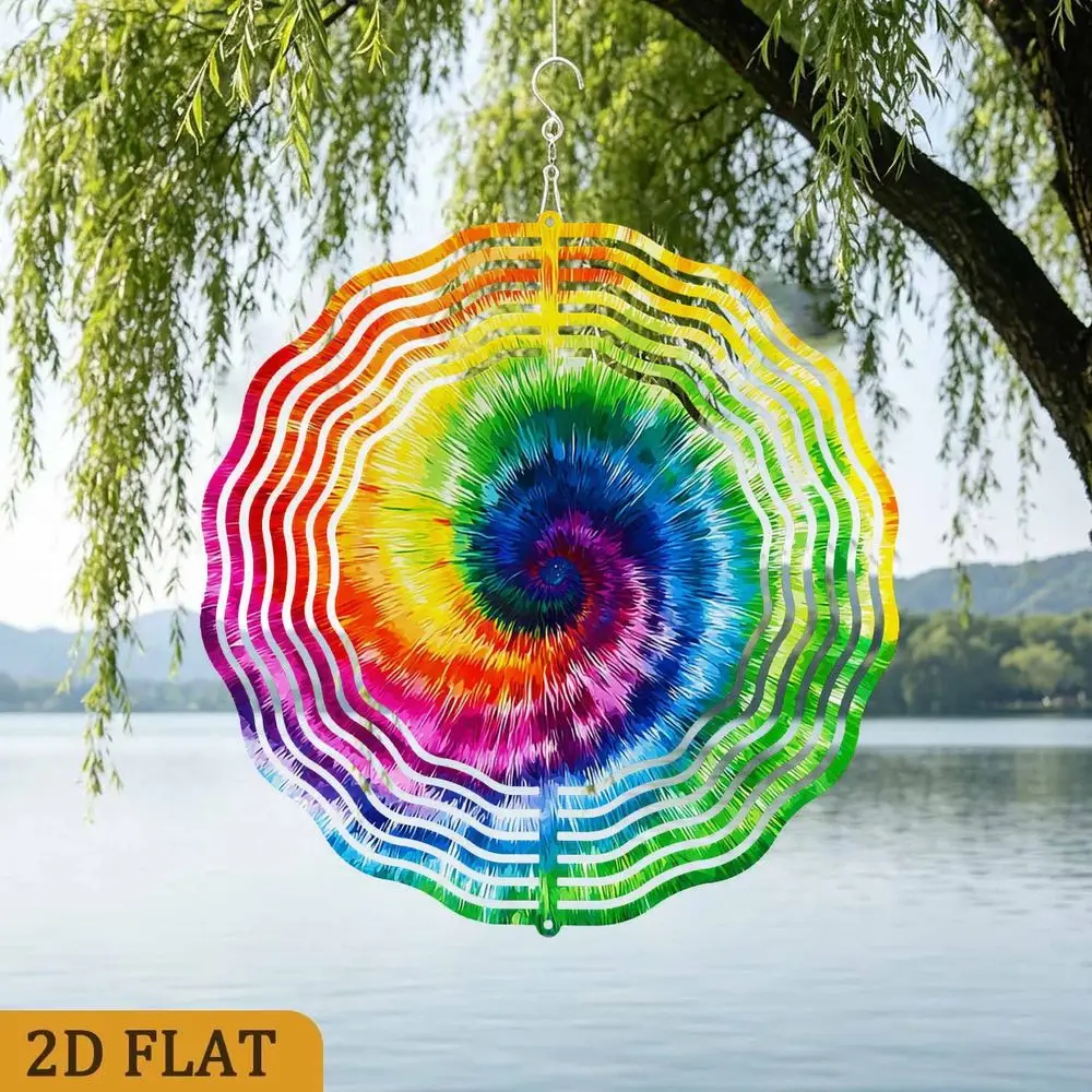 2D Flat Tie Dye Pattern Wind Spinner - 12 Inch 3D Visual Metal Art for Garden Patio Balcony Outdoor Kinetic Decor Gift