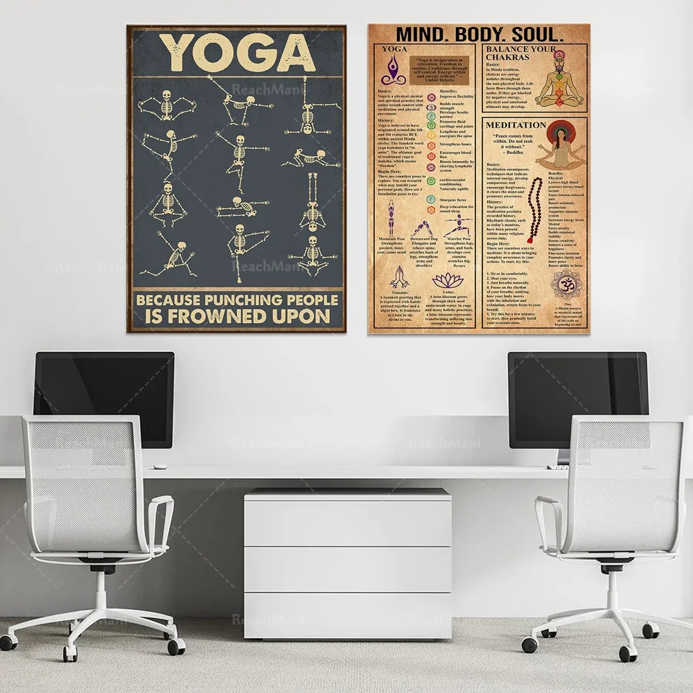 Skull yoga because hitting people don't like poster, yoga mind body soul knowledge poster, yoga pose, skull poster, yoga poster