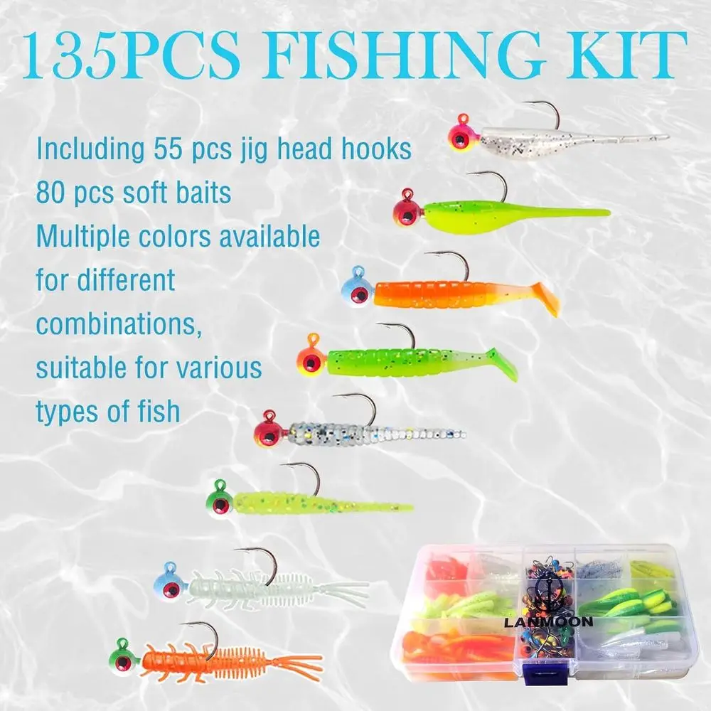Kit da pesca Crappie da 135 pezzi: teste e ganci per esche morbide: ideale per trota, spigola, walleye, bluegill, pesce persico e pesce gatto