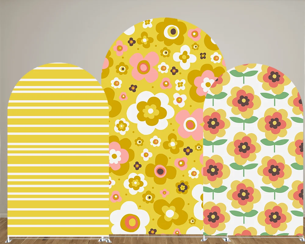 

Yellow Groovy Floral Print Theme Arch Backdrop Covers for Birthday Parties, Baby Shower Party and Wedding Decoration Props