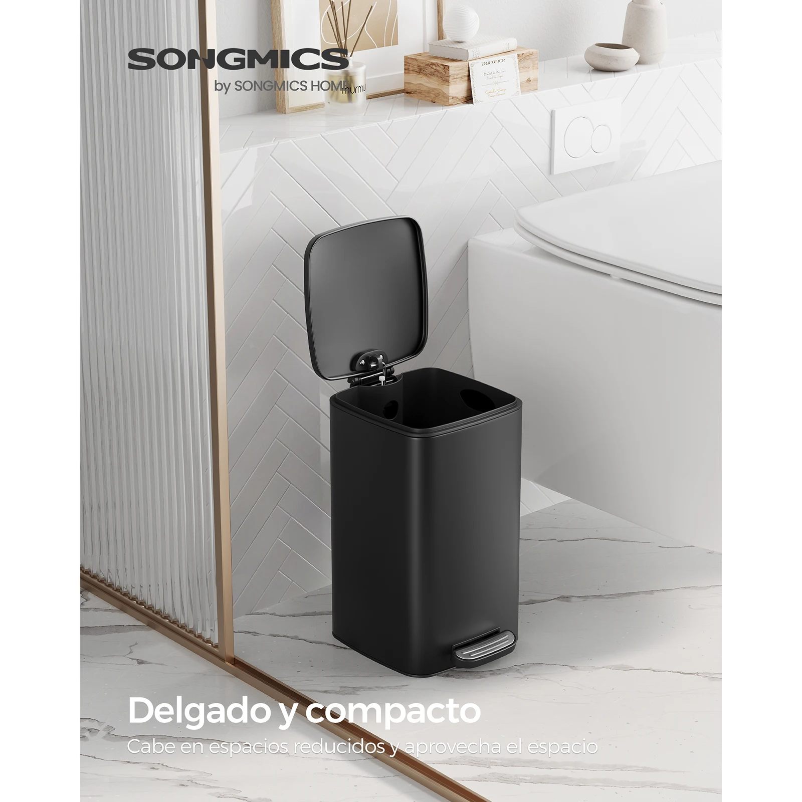 SONGMICS 8L Bathroom Pedal Bin for Small Spaces. Steel, Soft-Close Lid. Black.