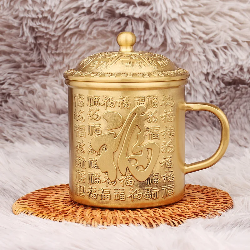 Embossed Baifu Tea Cup Office Home Decoration Dafu Character Tea Cup Pure Copper Metal Crafts Brass Ornaments