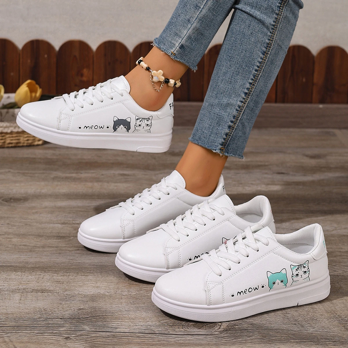 Women Sneakers Fashion Breathble Vulcanized Shoes Fashion Cute Cat Cartoon Lace Up Casual White Women‘s Shoes - view 6