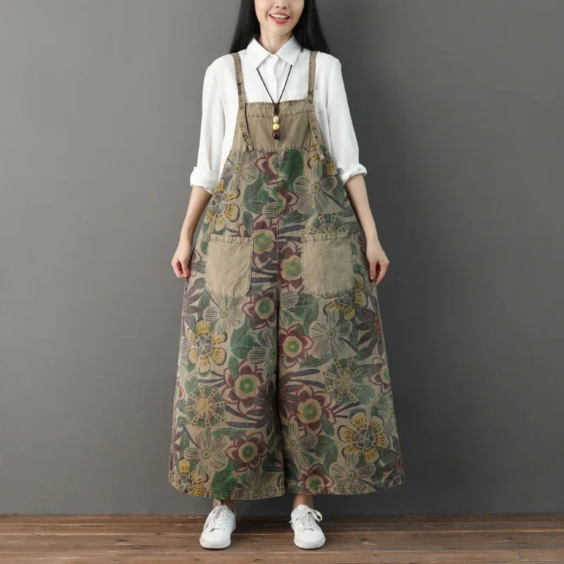 

Large Size Wide Leg Jumpsuits Women Vintage Print Suspenders Jeans National Style Denim Overalls Baggy Cowboy Bib Trousers