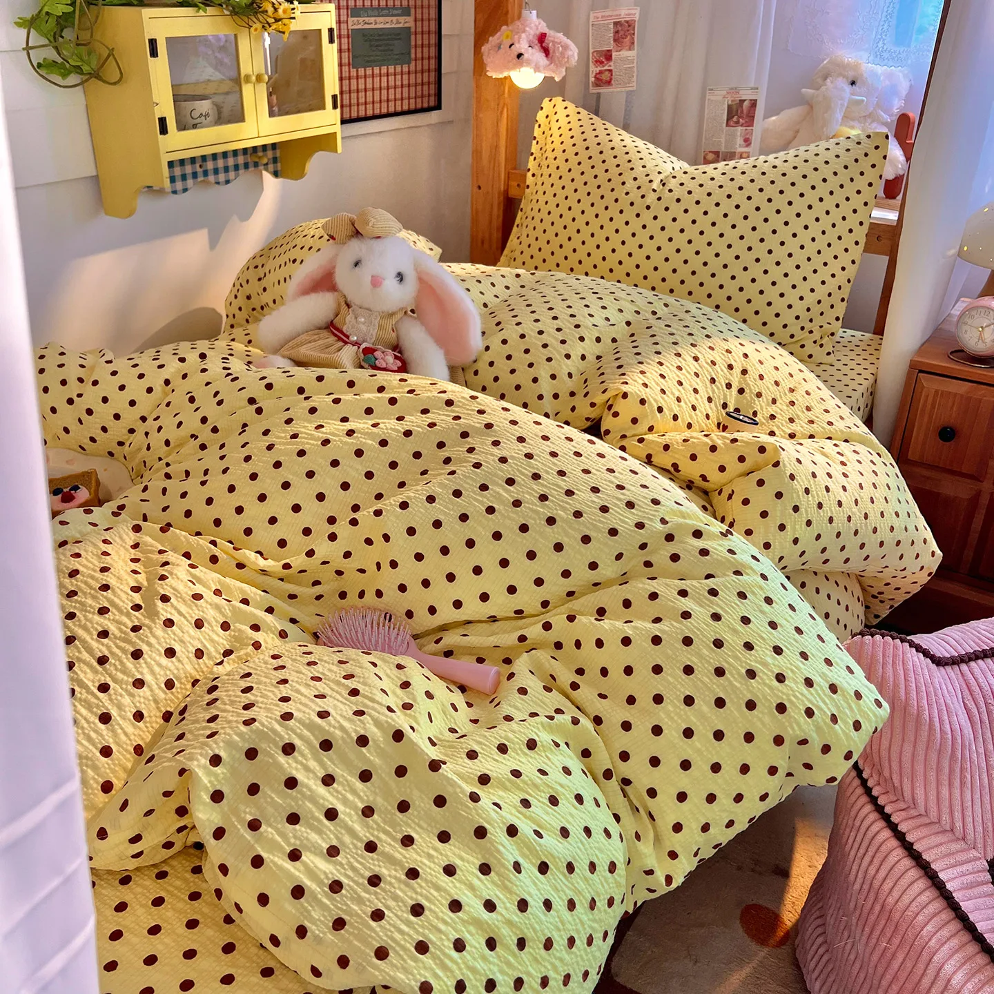 3/4PCS Bedding Set Dopamine Color Polka Dot Duvet Cover Set Black Yellow Sheet Set for Bedroom Decoration Single King Queen Size