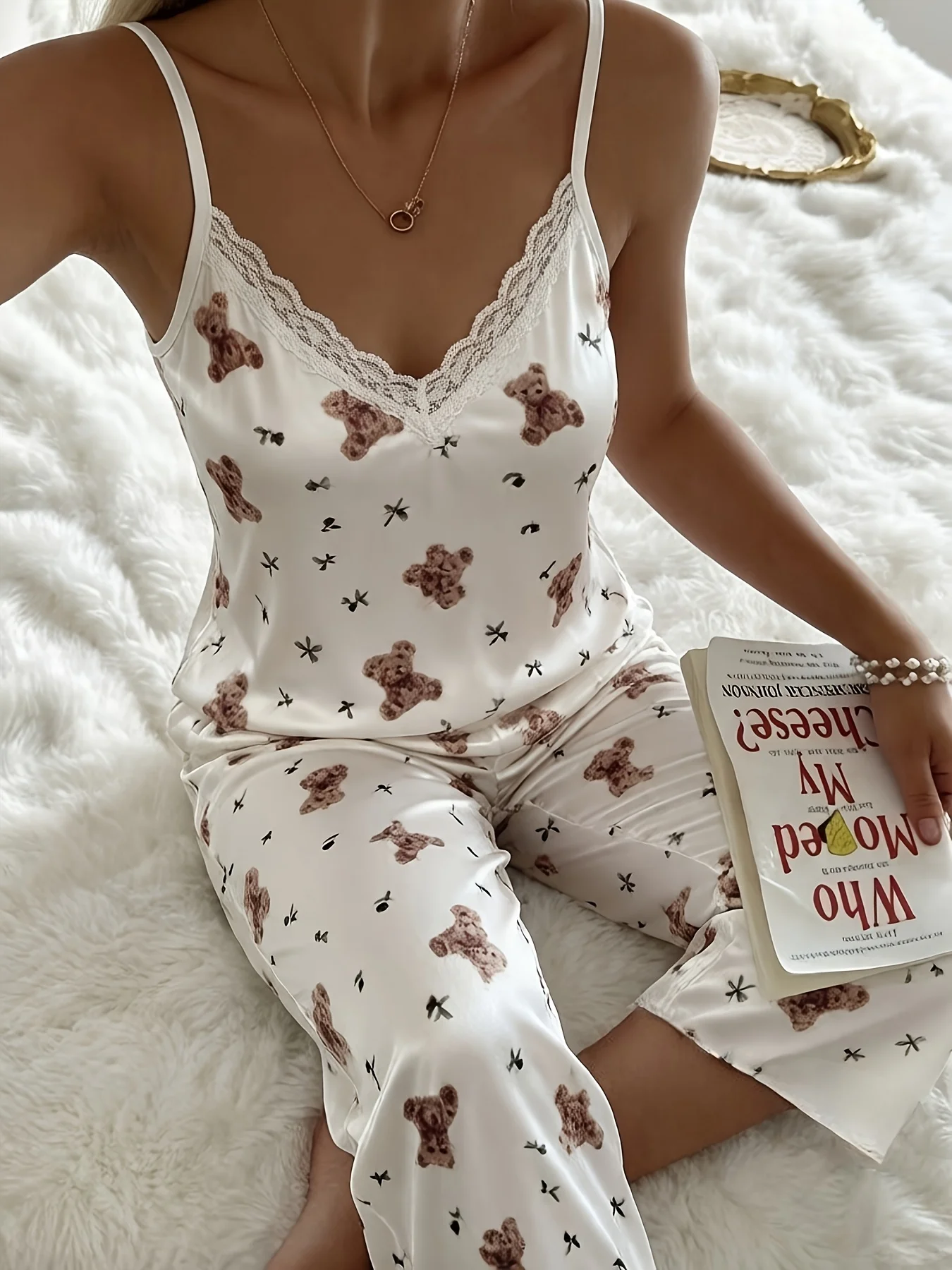 Summer Cute Bear Print Pajamas Set Women's Sleepwear Crop Top and Pants 2 Piece Casual Slim Elastic Home Wear Lounge