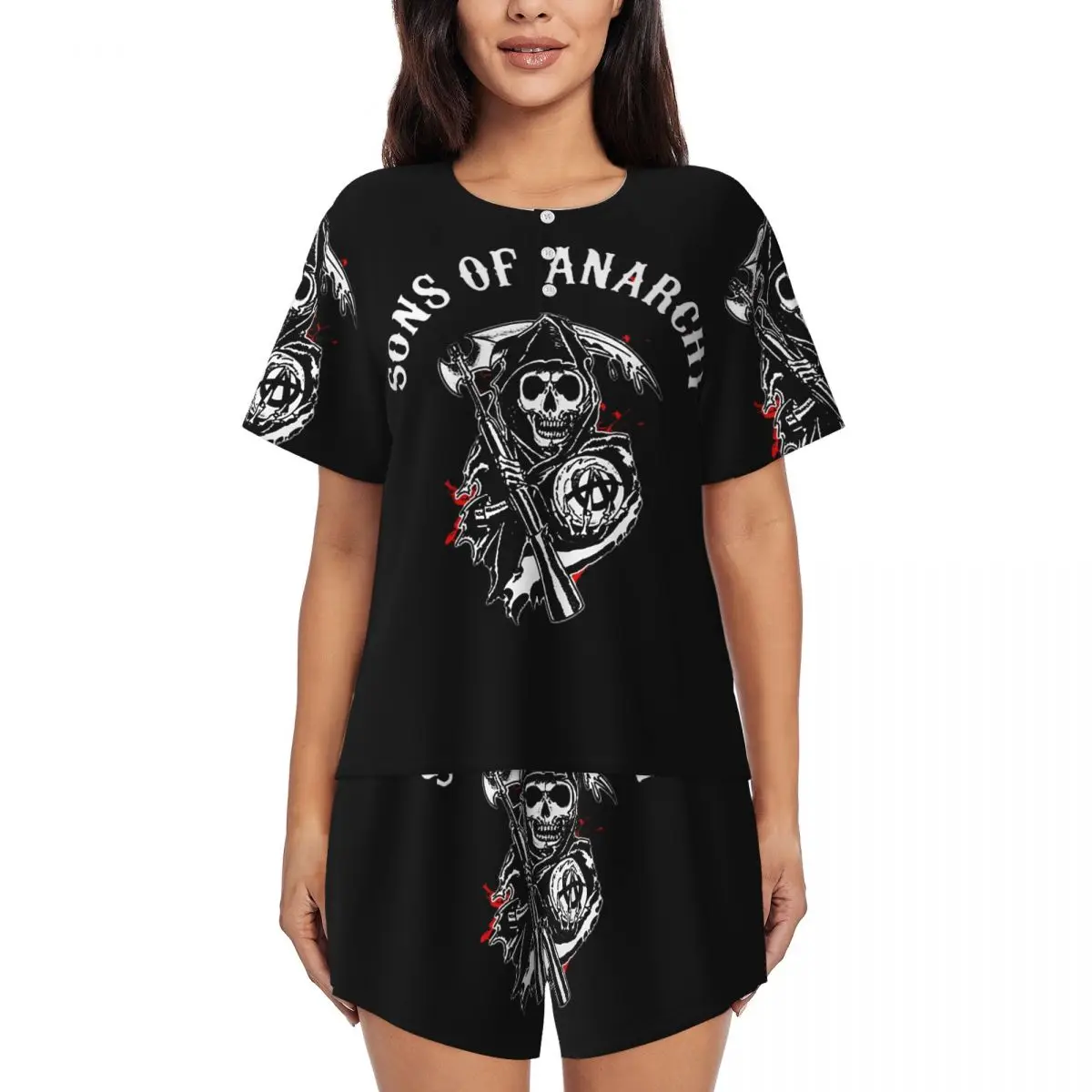 

Custom Print Women Sons Of Anarchy Pajamas Set Short Sleeve Death Reaper Skull 2 Piece Sleepwear Pjs Lounge Sets