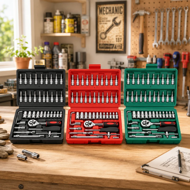 

Portable 46Pcs 1/4 Inch Socket Tool Kit, Red Black Green Ratchet Wrench Set for Auto and Daily Home Repair