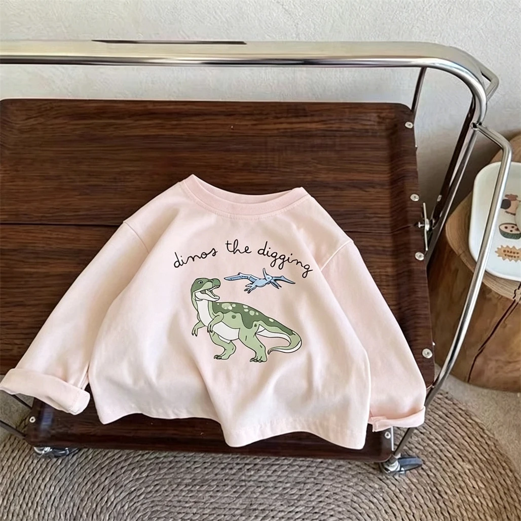 Dinosaur Print Long Sleeve T-shirt Fashion Casual Clothes Boys Round Neck Base Shirt Spring Summer Wear Baby Girls Cute Tees