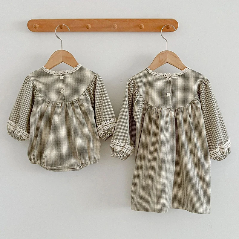 Autumn Kids Baby Girls Long Sleeve Embroider Grid Sisters Dress New Infant Baby Girls Clothes Newborn Baby Girls Rompers