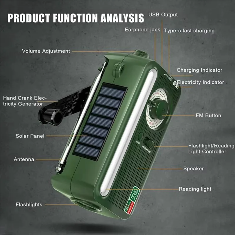 PHILE-Solar Hand Crank Weather Radio Emergency AM/FM/NOAA Outdoor Flashlight Torch Power Bank Solar Panel Survival Tool