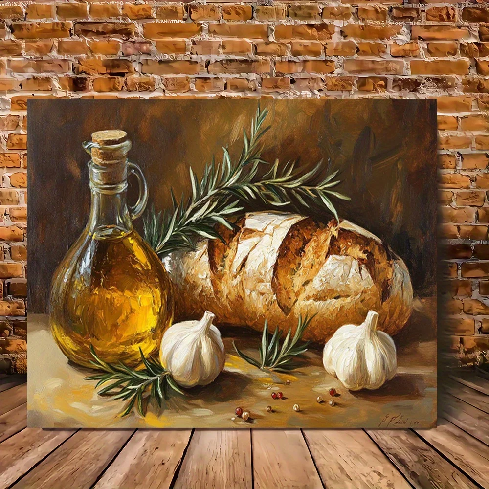 2D plano [1 pieza de arte de pared de lienzo sin marco] aceite de oliva Vintage moderno y pan artesanal arte en lienzo de naturaleza muerta (Póster impreso de alta calidad
