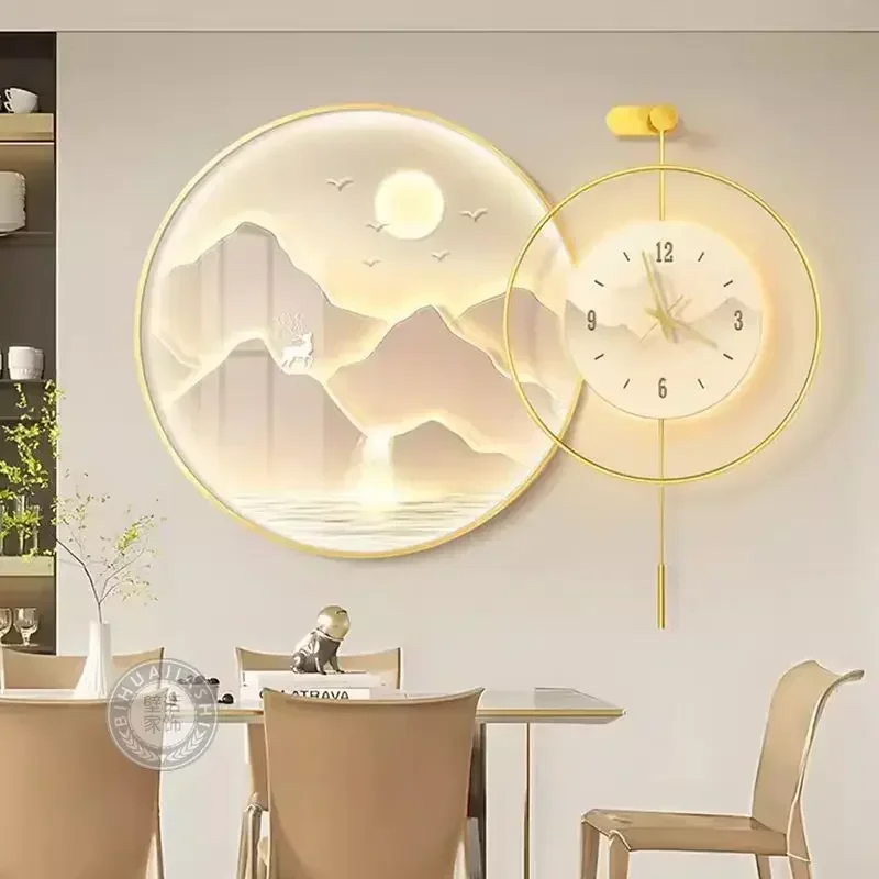 Decorative Painting With Clock, Simple Modern Dining Room Dining Table Background Wall Hanging Painting, High-end