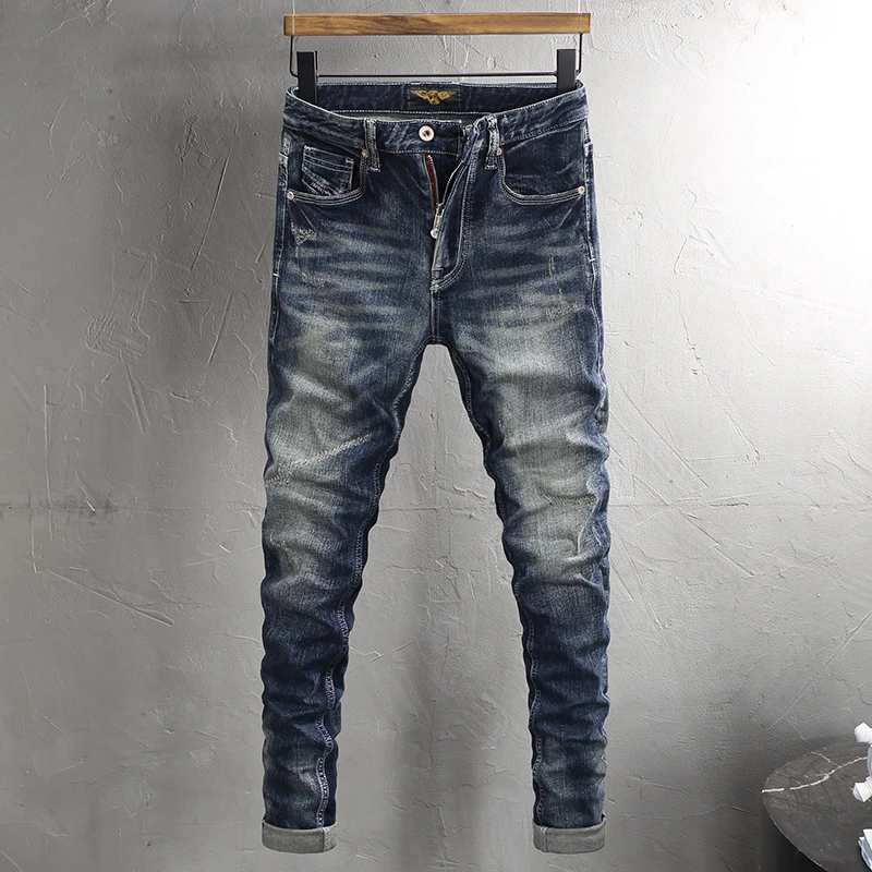 Estilo italiano moda masculina jeans de alta qualidade retro lavado azul estiramento fino ajuste vintage rasgado jeans masculino designer calças jeans