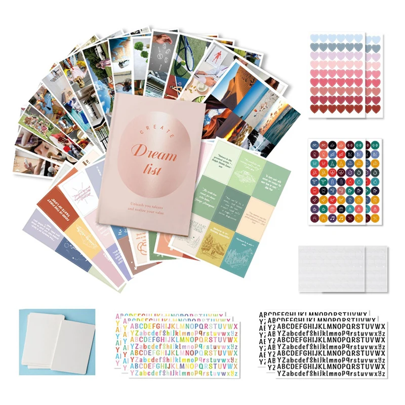 Inspirational Vision Board Kit With Alphabet Stickers & Themed Cards - DIY Scrapbooking Set For Realizing Hobbies & Travel Goals