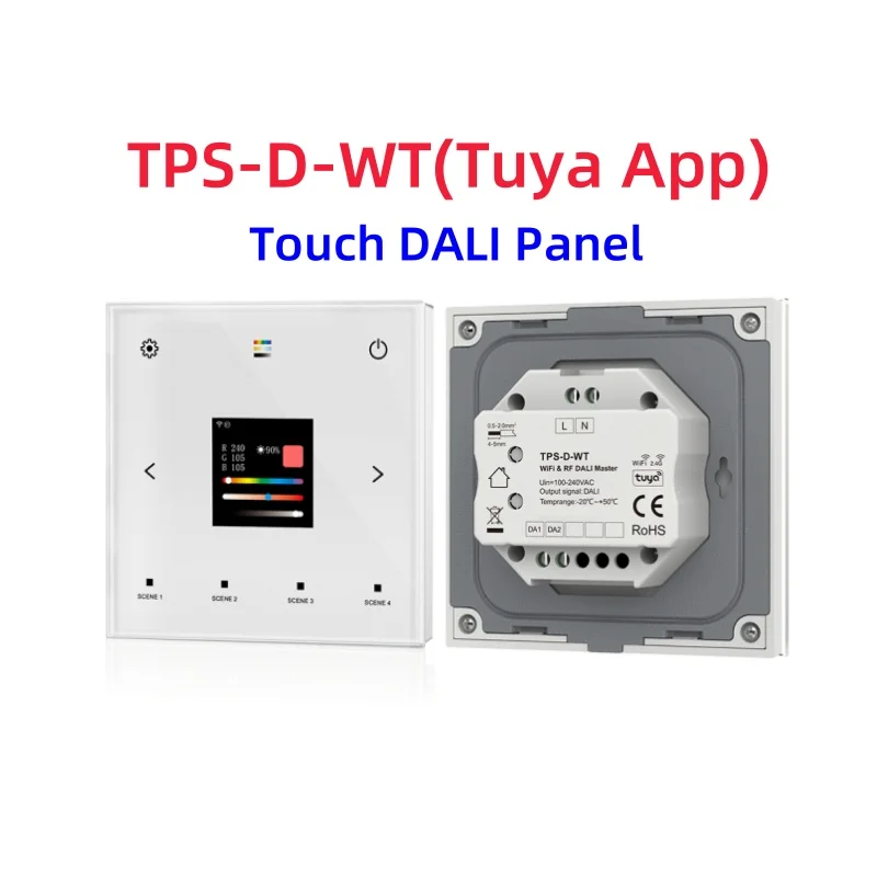 TPS-D-WT Tuya App 5 in1 WiFi+RF Wall Mounted Touch DALI Panel 1CH*2mA AC100-240V Support Single color CCT RGB RGBW RGB+CCT Light