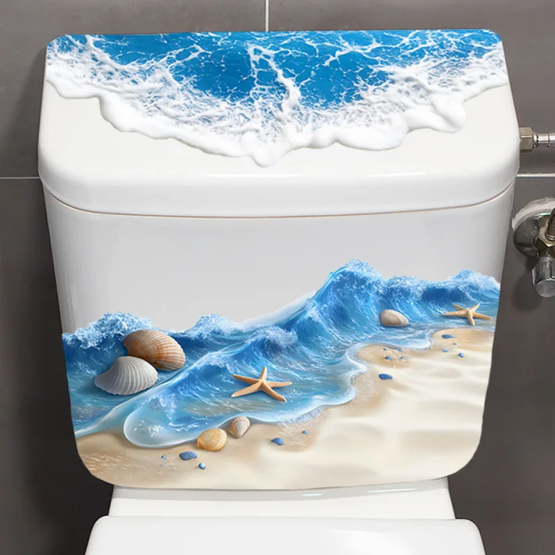 3D Ocean Wave Toilet Sticker - Bathroom Realistic Beach Floor Decal, Waterproof Anti-Slip Removable Bathtub Seashore Decor
