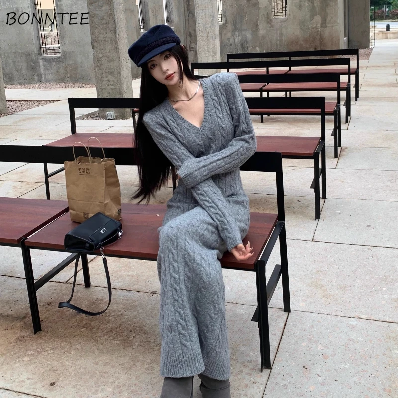 

V-neck Knitted Dress Women Streetwear Basic Vintage Fashion Hip Wrap Autumn Maxi Sweater Vestidos Temperament Daily Classic New