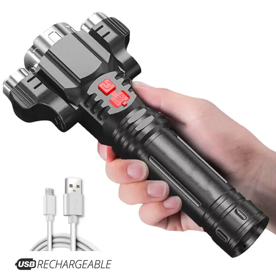 

Super Bright 3-Head LED Flashlight USB Rechargeable Flashlights with 3 Modes High Lumens Torch for Camping Hiking Emergency