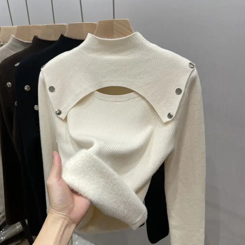 Half Turtleneck Knitted Sweater Women\'s Sexy Slim Pullover 2024 Autumn Winter Velvet Lined Warm Chic Bottoming Cashmere Sweater