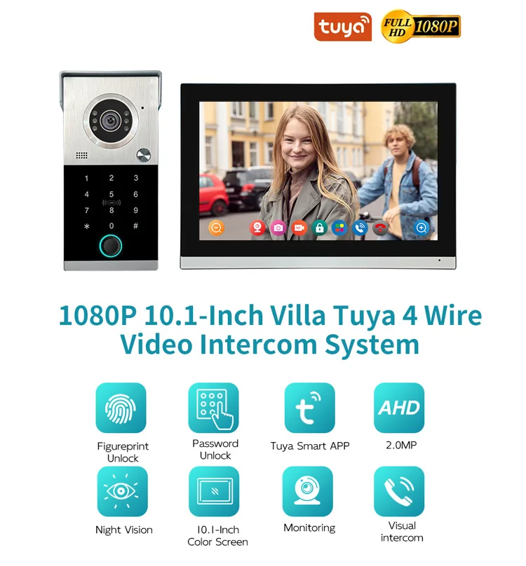 1080P AHD 2MP 10.1 Inch 4-Wire WiFi Smart Home IP65 Waterproof Video Doorbell Intercom System 4 Unit Door Phone Two-Way Audio