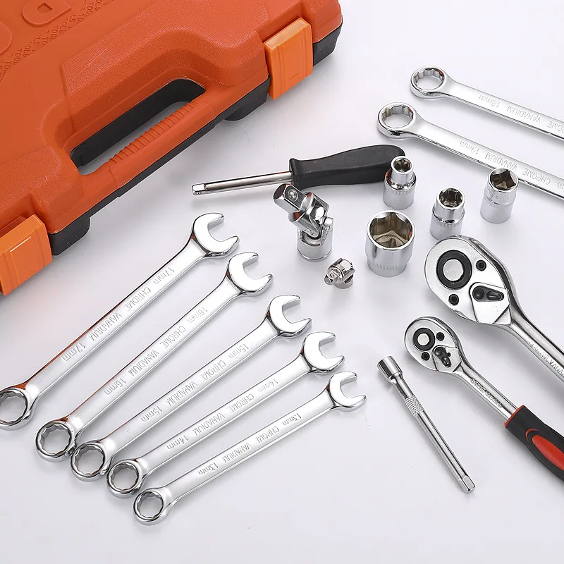 61 Piece Auto Repair Tool Set with Ratchet Wrench Socket Spanner Combination Wrench and Blow Molded Tool Case for Car
