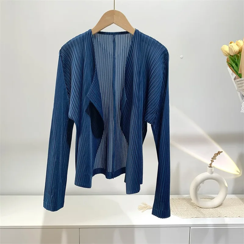 Miyake Pleated Cardigan Autumn New Simple Casual Fashion Lapel Long Sleeve Women's Lightweight Stretch Versatile Classic Jacket