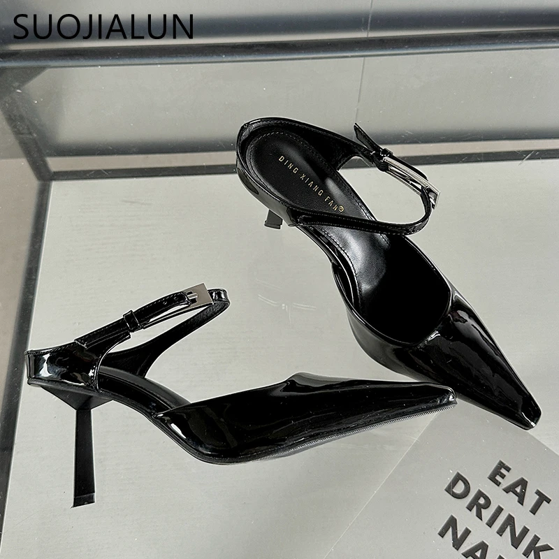 SUOJIALUN 2024 Spring New Brand Women Slipper Fashion Pointed Toe Shallow Slip On Mules Shoes Thin High Heel Dress Pumps Sandals