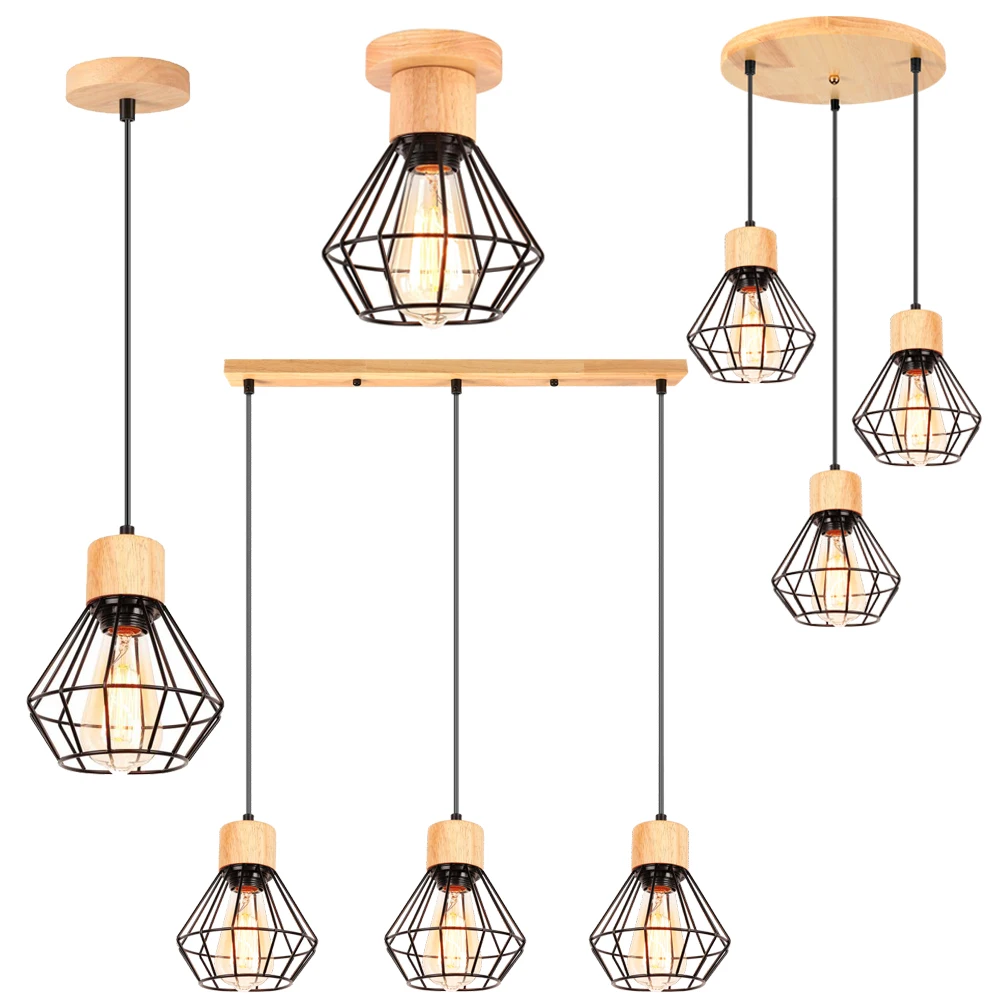 1/3 Heads Vintage Pendant Light Shade Retro Loft Wood Hanging Lamp Industrial Ceiling Chandelier for Living Room Home Lighting