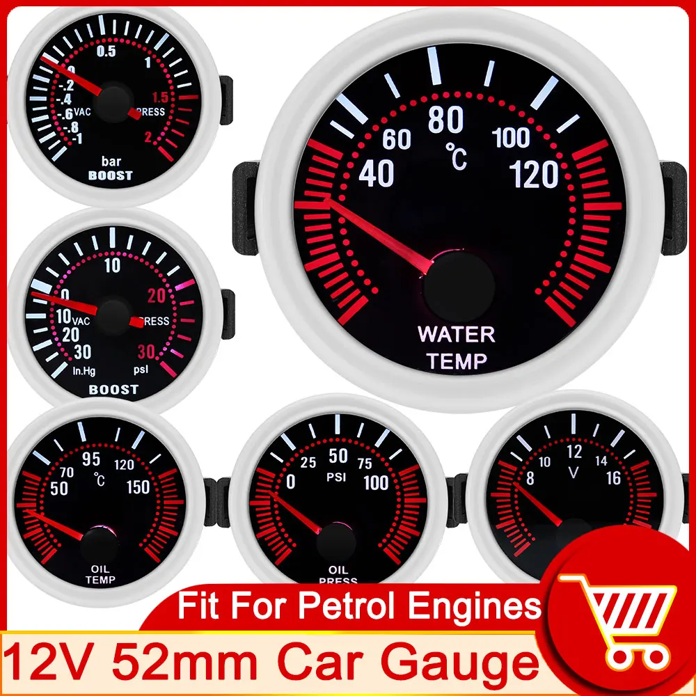 

HD 52mm Water Temp Meter Turbo Boost Gauge PSI BAR Oil Temp Oil Press Gauge Tachometer RPM Meter Voltmeter for 12V Petrol Engine