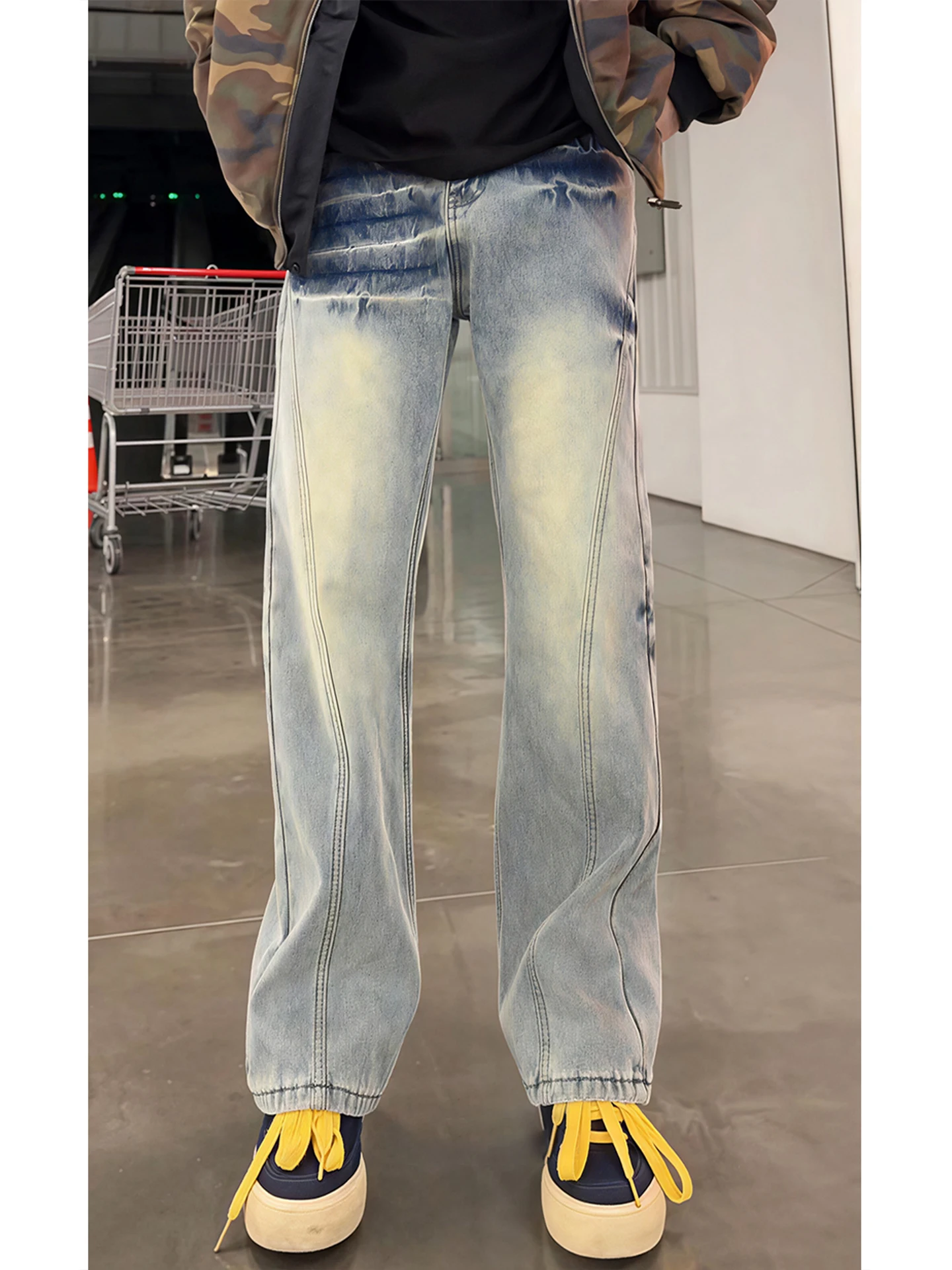 

Мужские джинсы Waed Blue Lightning с узором и флисовой подкладкой, американские брюки прямого кроя в стиле High Street, рабочая одежда